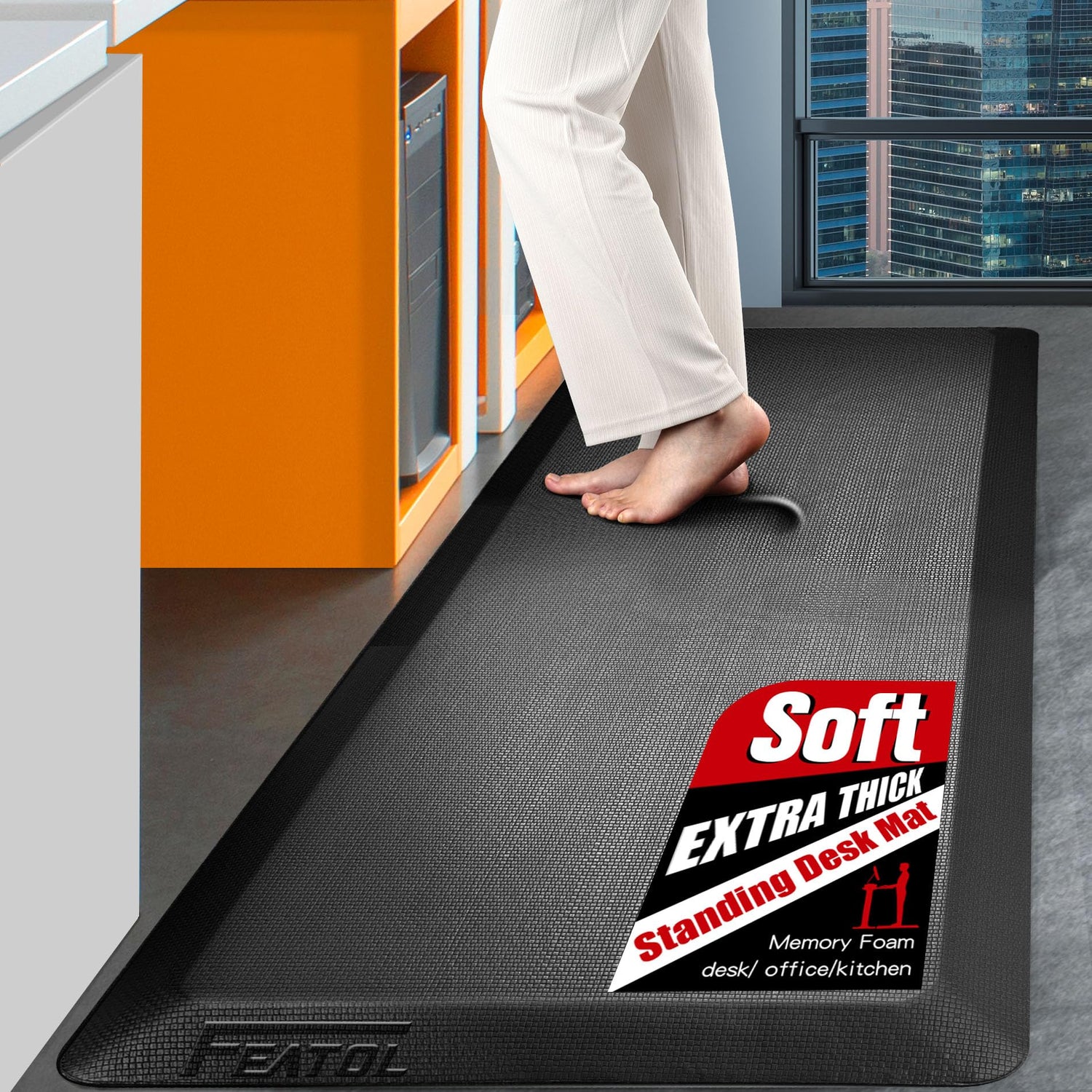 FEATOL Extra Thick Anti Fatigue Mat Floor Mat, Standing Desk Memory Foam Cushioned Office Ergonomic Kitchen Mats Comfort Pad NOT PVC 9/10 Inch FEATOL