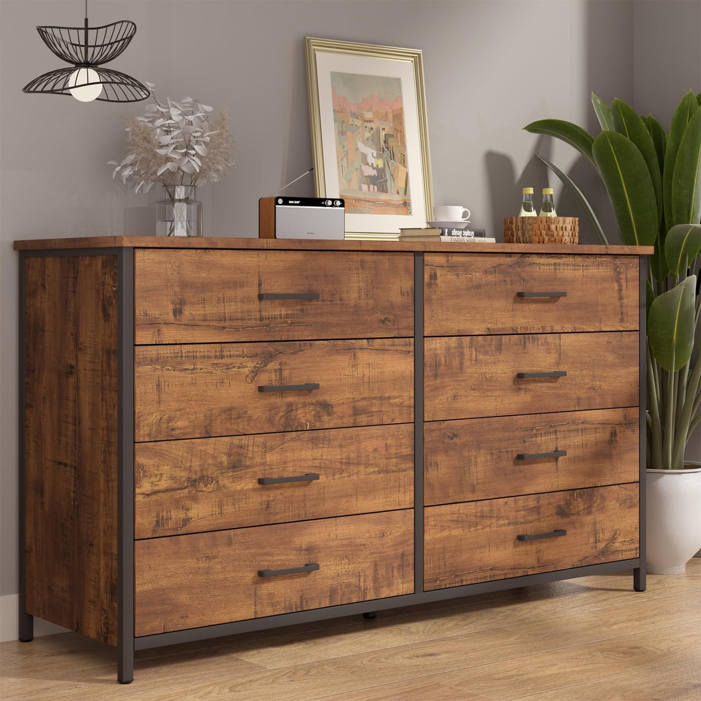 IKENO 8 Drawer Double Dresser, 55 inch Industrial Wood Storage Dressers & Chests of Drawers with Sturdy Steel Frame, Wood Rustic Large Storage - WoodArtSupply