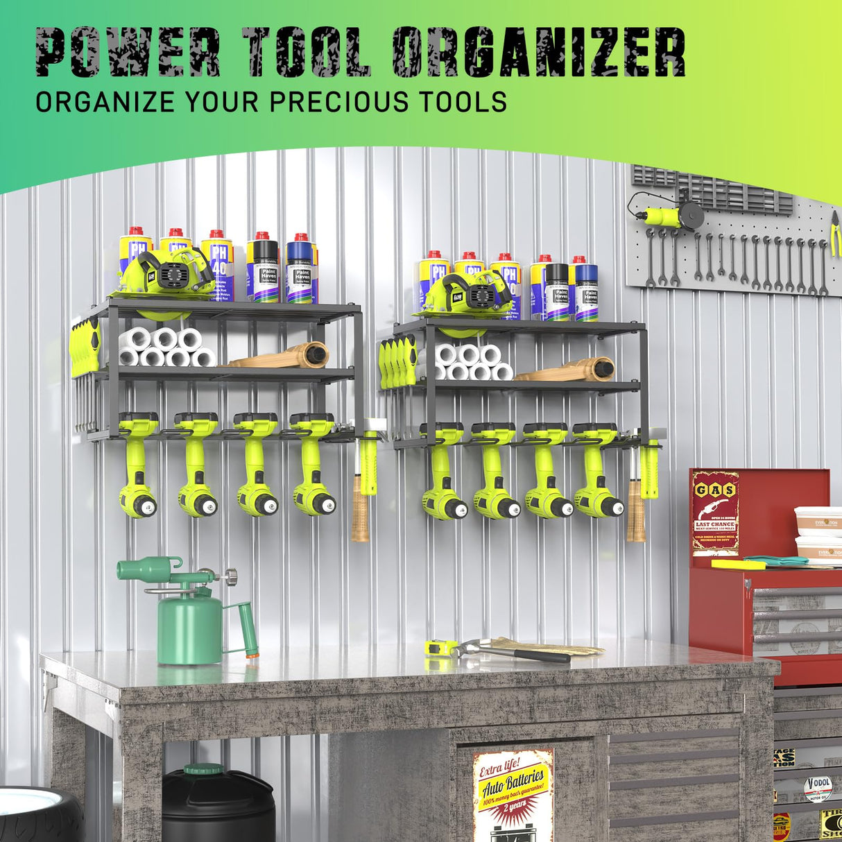 SUNALLY 3-Tier Heavy Duty Steel Power Tool Organizer, Matte Black, 3 Layers Tool Rack Cordless Drill, Floating Shelf Wall Mounted, 4 Drill Holders SUNALLY