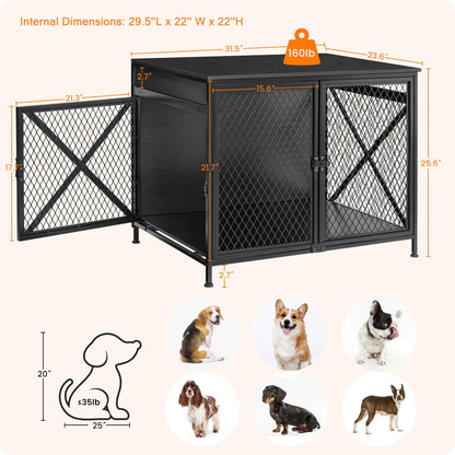 DWANTON Dog Crate Furniture, 31.5" L Three-Door Wooden Dog Kennel Indoor, Connectable Expansion, Wooden Dog Crate Table for Medium/Large Dog, Dog - WoodArtSupply