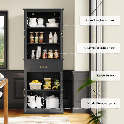FOTOSOK 71'' Kitchen Pantry Cabinet, Tall Kitchen Cabinet Pantry Cabinet with Glass Doors and Drawer, Freestanding Food Pantry Kitchen Hunch with