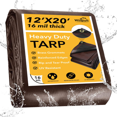 Winpull Tarp 12x20FT, 16 Mil Heavy Duty Large Tarps, Waterproof Tarp with Brass Grommets and Reinforced Edges, UV Resistant, Tear&Fade Resistant Poly