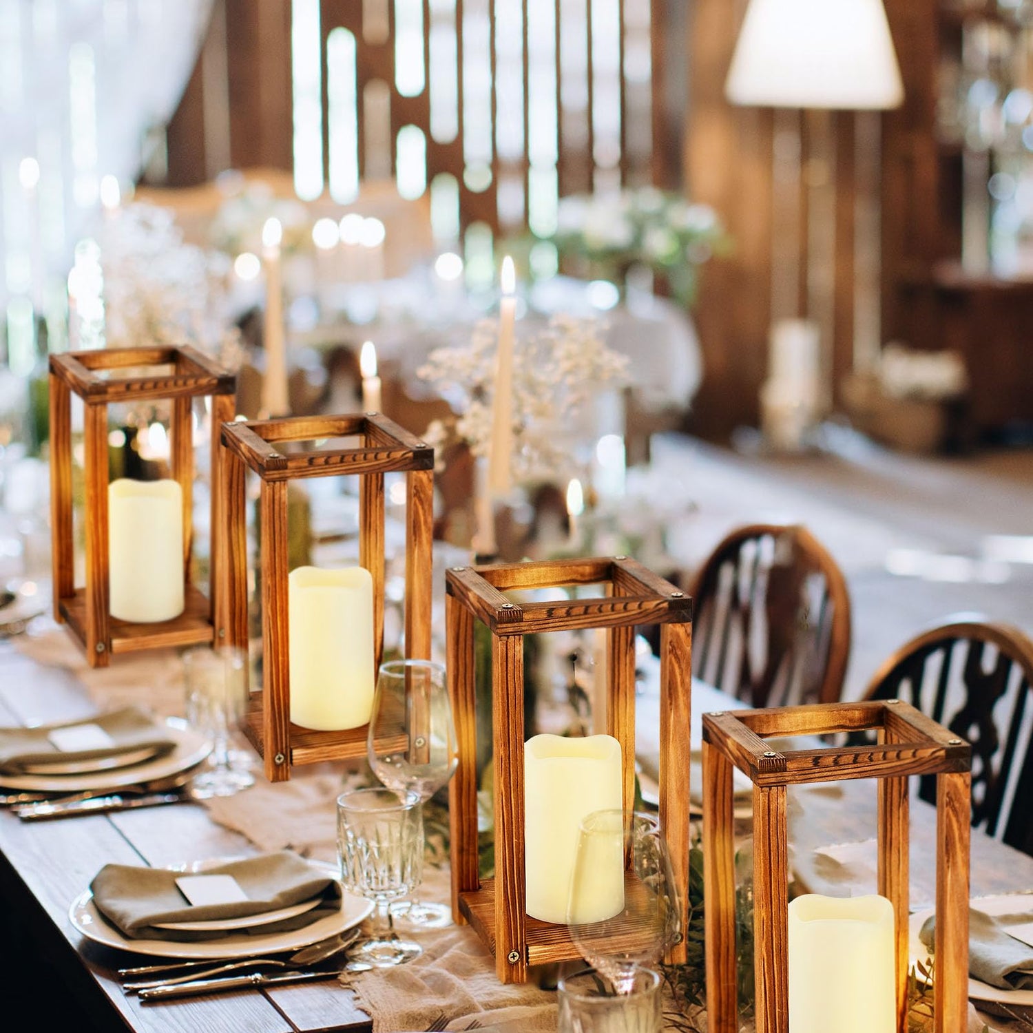 Huquary 16 Pcs Wooden Candle Lantern Set Includes 8 Rustic Wedding Centerpieces for Table Farmhouse Wooden Candle Holder and 8 Flameless Decorative Huquary