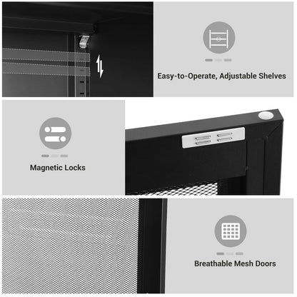 SONGMICS Metal Storage Cabinet with Mesh Doors, Steel Display Cabinets with Adjustable Shelves for Bathroom Home Office, Black UOMC002B01