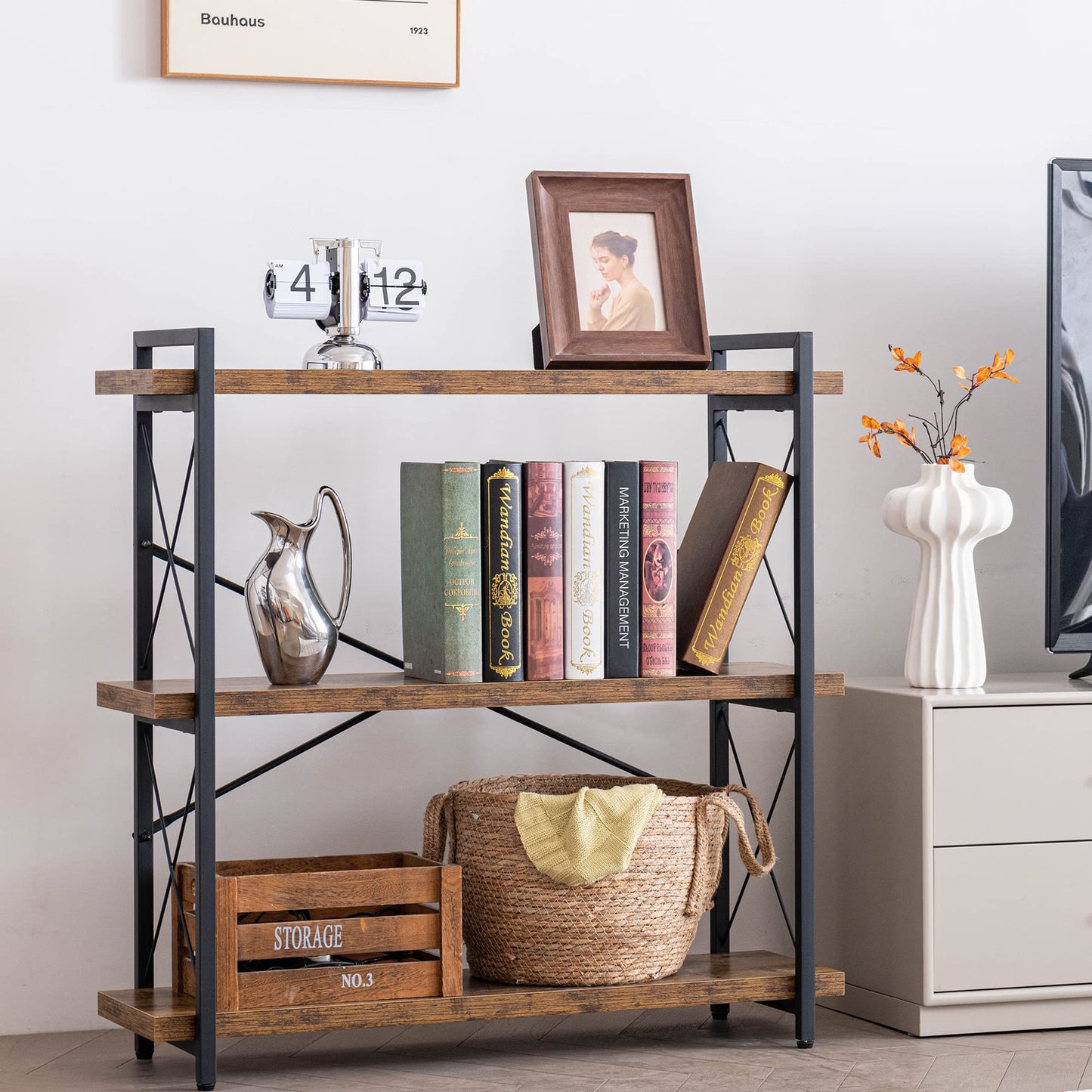 HCHQHS Bookshelf, 3-Tier Industrial Bookcase, Rustic Open Book Shelf, Wood and Metal Horizontal Bookshelves