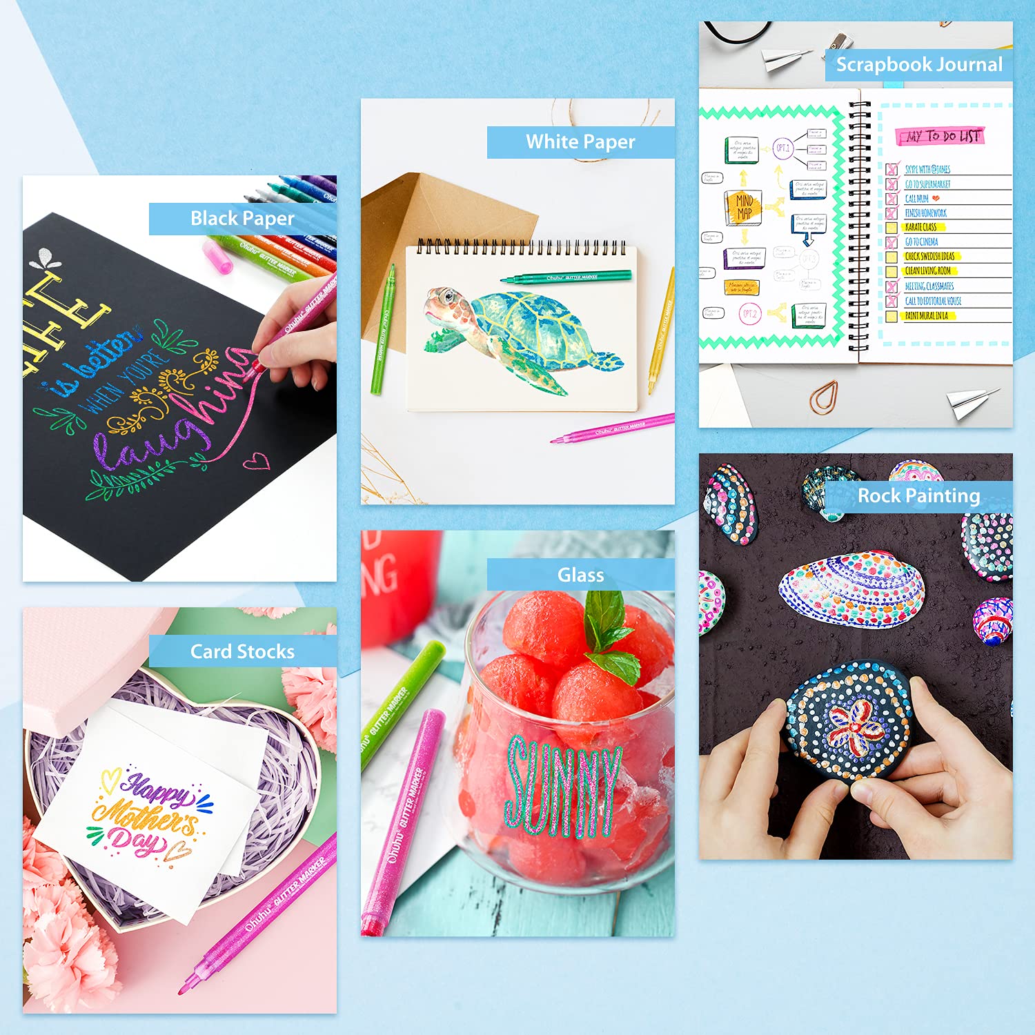 Ohuhu Glitter Markers Pen 12 Glitter Colors Metallic Shimmer Marker Fine Point Tip Water-based Ink for Kids Adults DIY Crafts Greeting Birthday Cards Ohuhu