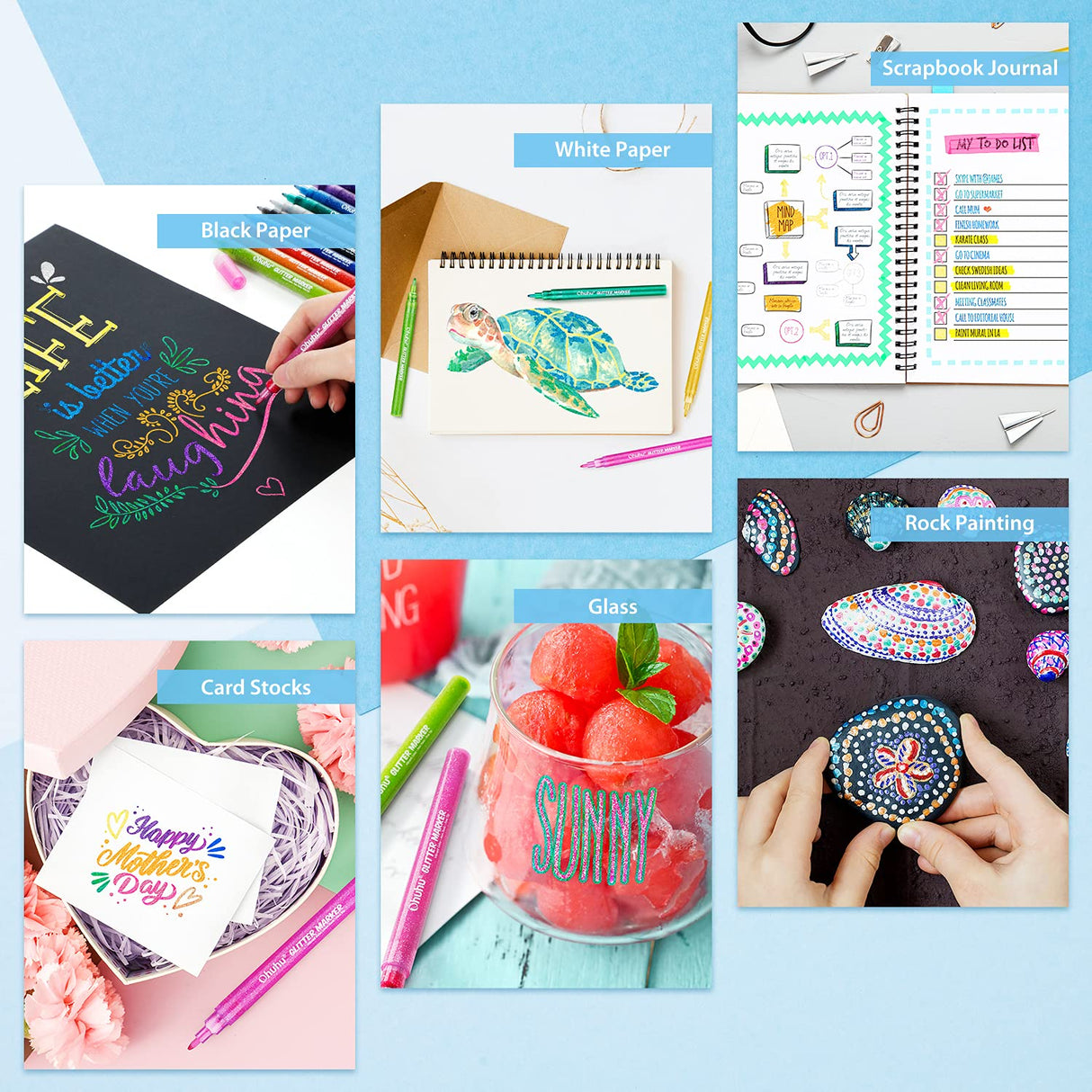 Ohuhu Glitter Markers Pen 12 Glitter Colors Metallic Shimmer Marker Fine Point Tip Water-based Ink for Kids Adults DIY Crafts Greeting Birthday Cards Ohuhu