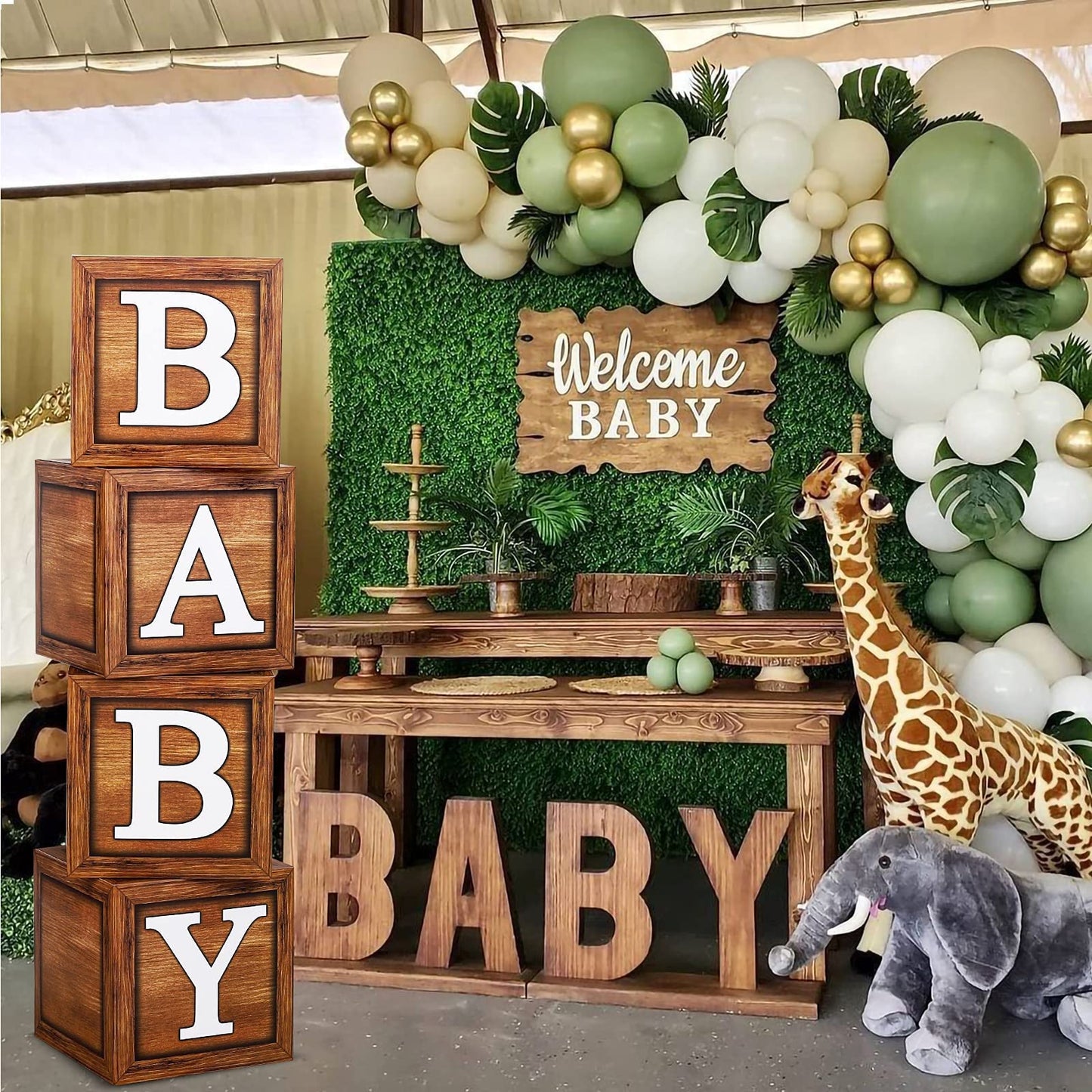 Baby Shower Boxes for Birthday Party Decorations - 4 Wood Grain Brown Blocks with BABY Letter, Printed Letters,First Birthday Centerpiece Decor, - WoodArtSupply