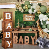 Baby Shower Boxes for Birthday Party Decorations - 4 Wood Grain Brown Blocks with BABY Letter, Printed Letters,First Birthday Centerpiece Decor, Frigg