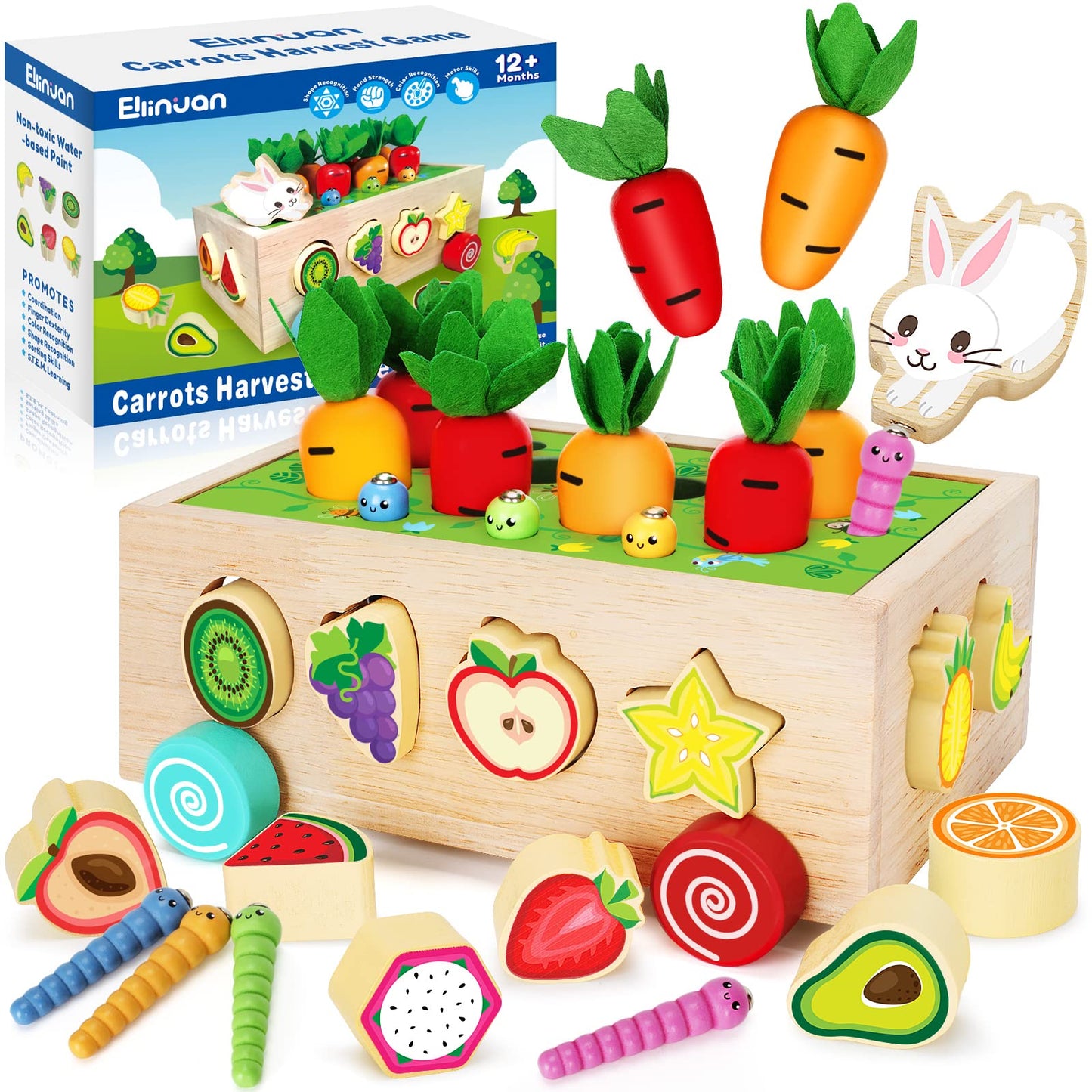 Wooden Montessori Toys for 1 2 3 Year Old Baby Girls Boys, Wood Shape Sorter Toys Gifts for Toddlers Learning Fine Motor Skills, Carrot Harvest Game