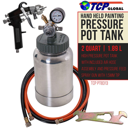 TCP Global 2 Quart Paint Pressure Pot with Spray Gun and 5 Foot Air and Fluid Hose Assembly - WoodArtSupply