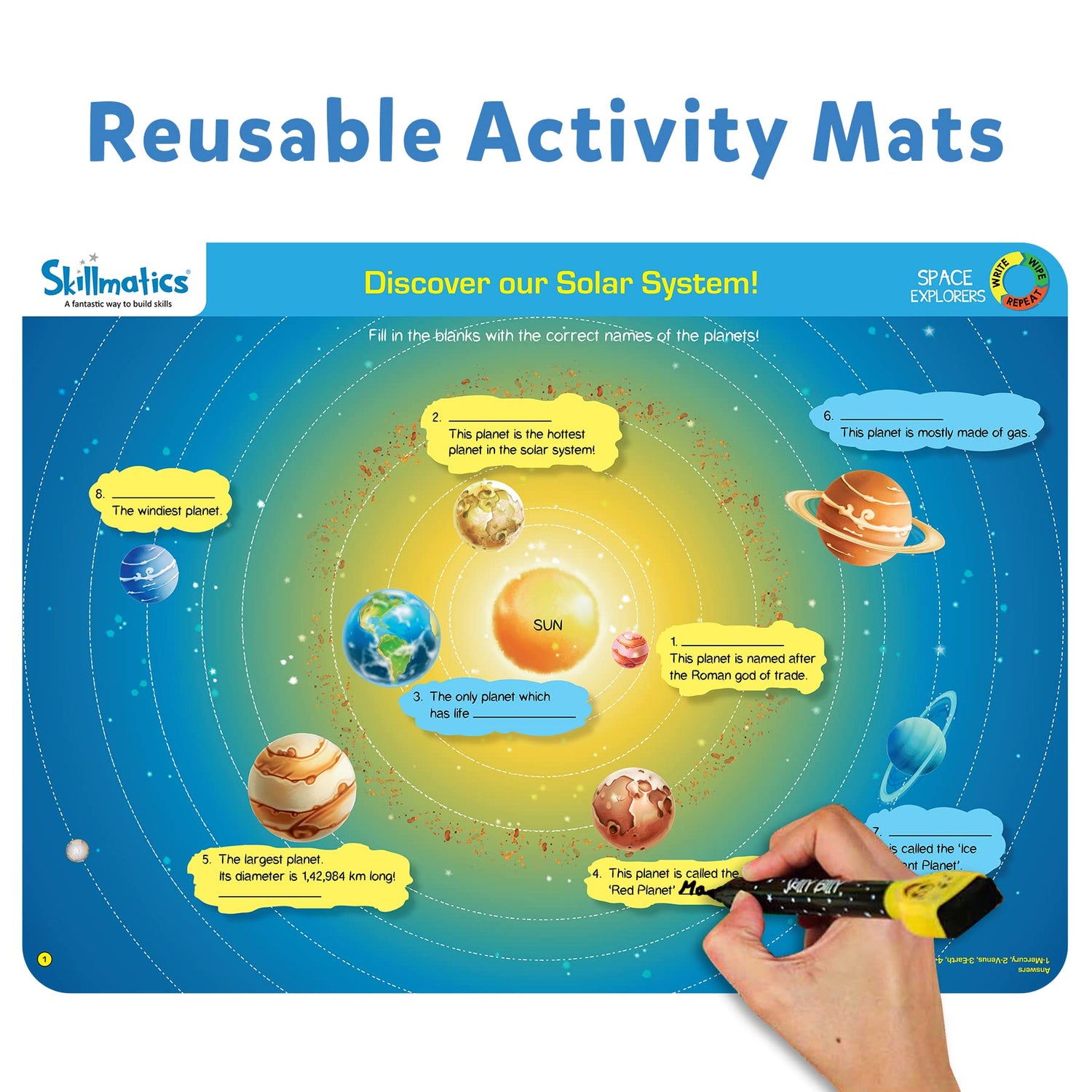 Skillmatics Educational Game - Space Explorers, Reusable Activity Mats with 2 Dry Erase Markers, Gifts for Ages 6 to 9 Skillmatics