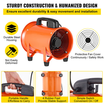 OrangeA Utility Blower Fan, 8 Inches, 230W 882 CFM High Velocity Ventilator w/ 32.8 ft/10 m Duct Hose, Portable Ventilation Fan, Fume Extractor for - WoodArtSupply