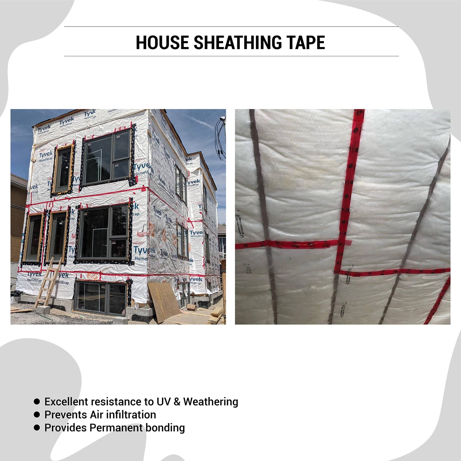 Tuck Tape Construction Sheathing Tape, Epoxy Resin Tape, 2.4 in x 180 ft (Red) Tuck Tape