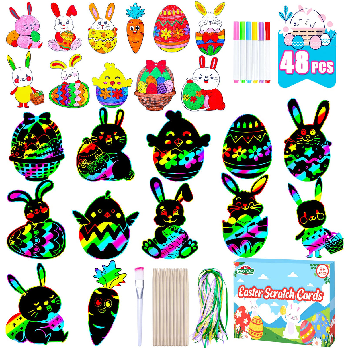 Max Fun Easter Crafts Kit Rainbow Color Scratch Paper Easter Ornaments (48 Counts)-Craft Kit for Kids Easter Basket Stuffers Party Favors Max Fun