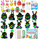 Max Fun Easter Crafts Kit Rainbow Color Scratch Paper Easter Ornaments (48 Counts)-Craft Kit for Kids Easter Basket Stuffers Party Favors Max Fun