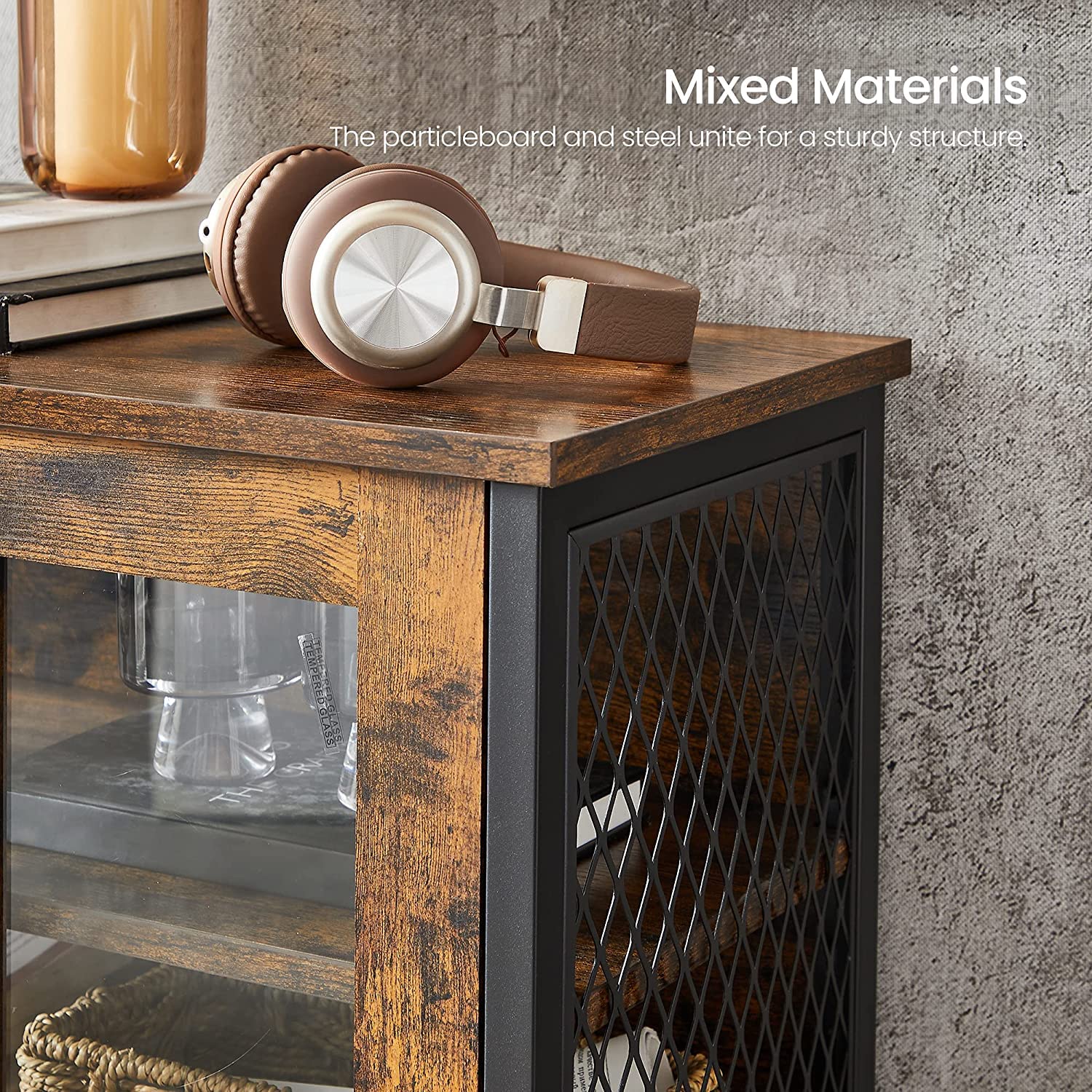 VASAGLE Pantry, Storage Cabinet with Door and Adjustable Shelf, for Living Room Kitchen, Industrial Style, Rustic Brown and Black ULSC260B01 VASAGLE