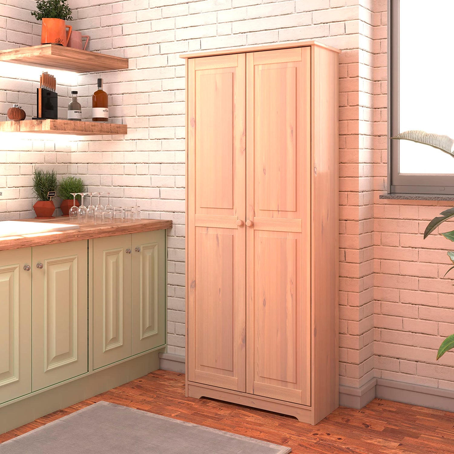 Solid Wood Unfinished Tall Pantry Cabinet with Adjustable Shelves and 2 Doors From the Tree Furniture