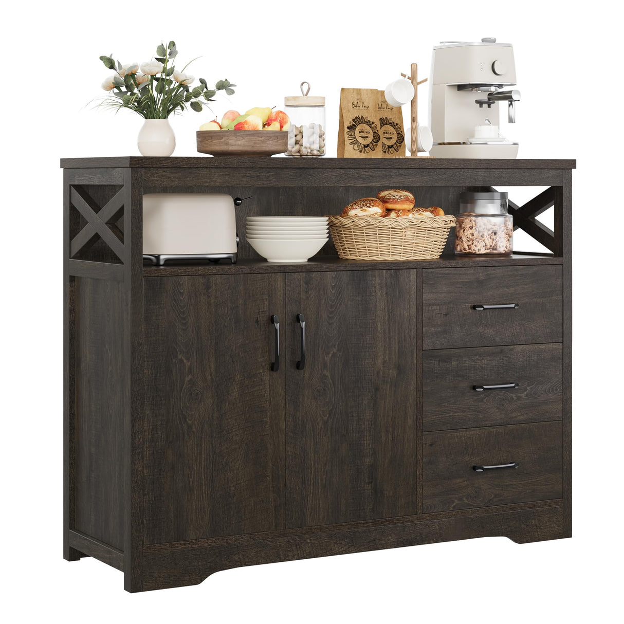 HOSTACK Modern Farmhouse Sideboard Buffet Cabinet, Kitchen Buffet Storage Cabinet with Drawers and Shelves, Wood Coffee Bar Cabinet with Storage for HOSTACK