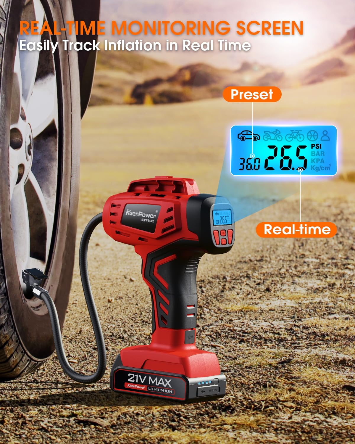 KeenPower Digital Cordless Tire Inflator Portable Air Compressor Automatic 160PSI w/Gauge Screen & 4+N Smart Mode & Dual Power Supply, Rechargeable KeenPower