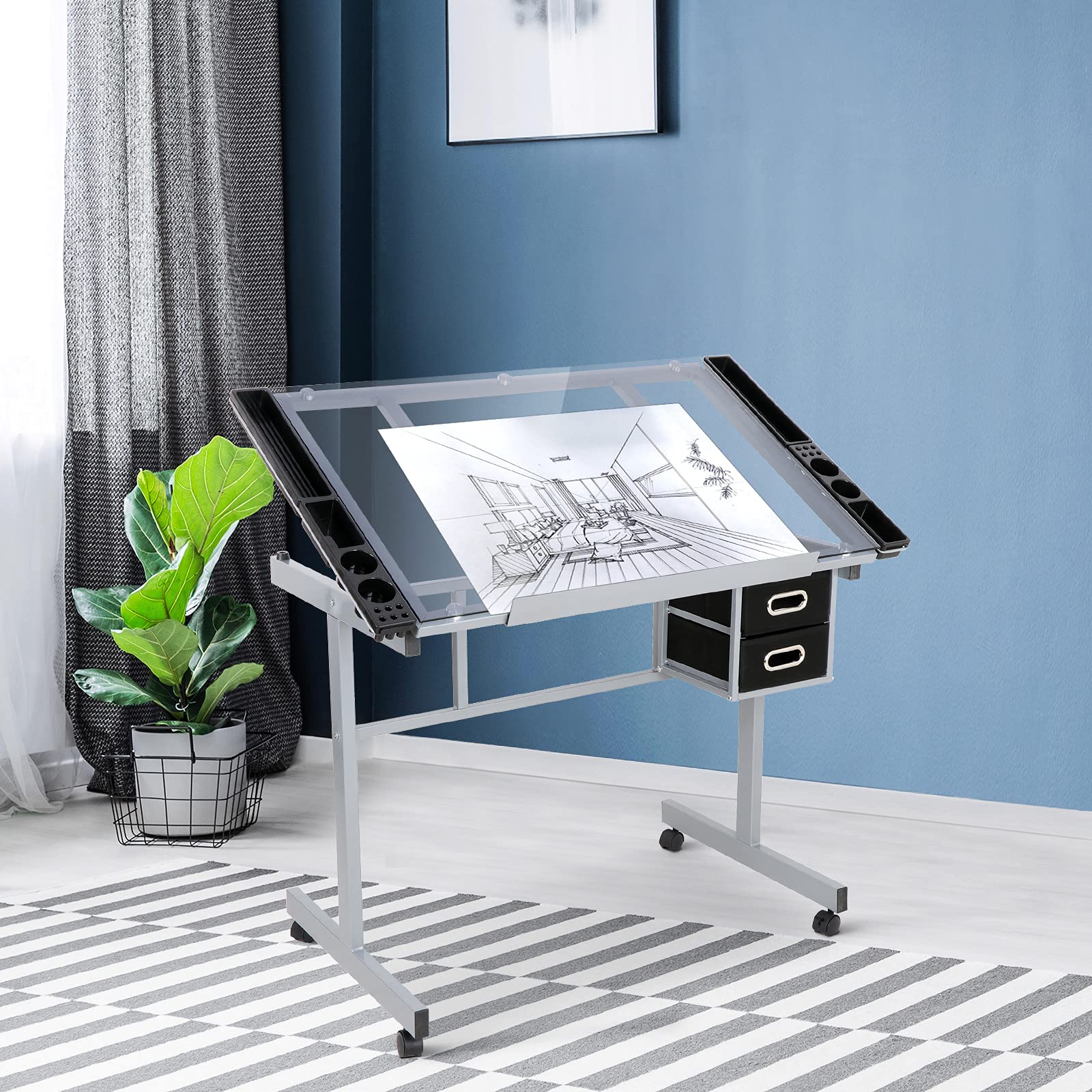 ZENY Drafting Table and Stool, Tilted Draft Table Desk w/Drawers, Artist Drawing Desk Craft Table for Drafting, Painting, Reading, Writing - Thumbnail 4