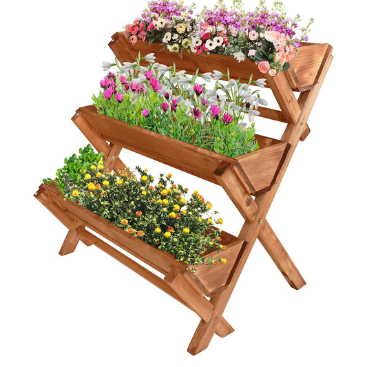 LZRS 35x22x36 inches 3-Tiers Wooden Raised Garden Bed, Fir Wood Flower Rack Vertical Flower Pot Stands for Patio, Balcony, Freestanding Indoor