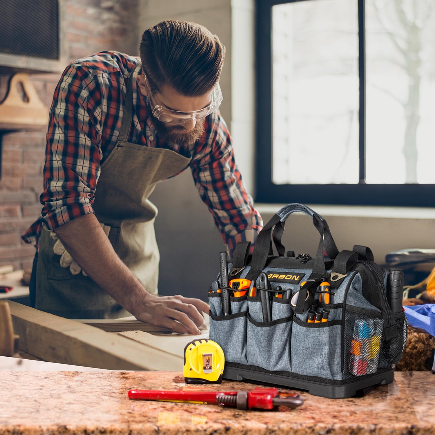 ARBON Tool Bag 16 Inch with Molded Base MOLLE System Heavy Duty Open Mouth Top Large Toolbag Tote Box Bags Storage Organizer for Men and Women Arbon