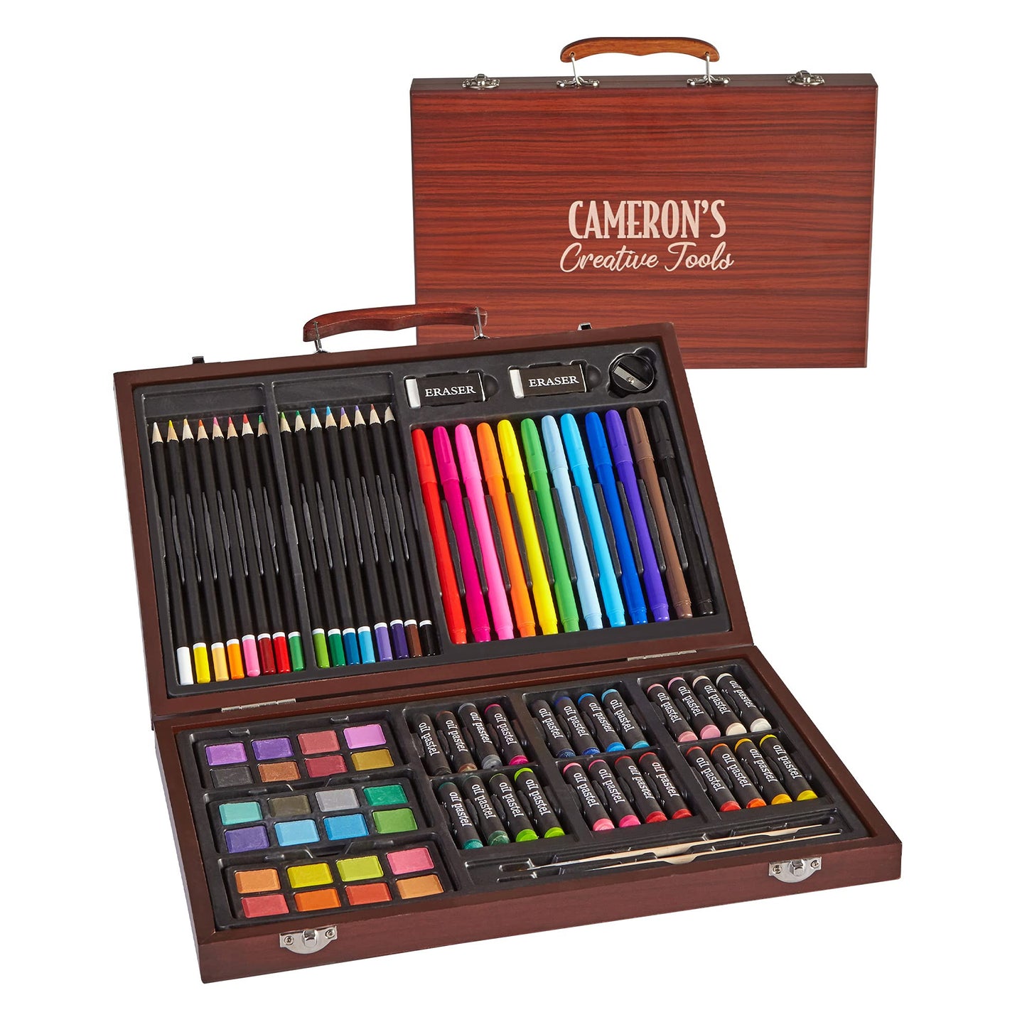 Let's Make Memories Personalized 80-Piece Deluxe Art Set - for Kids - Wood Carrying Case - Oil Crayons, Colored Pencils, Watercolors - Arts & Crafts - WoodArtSupply