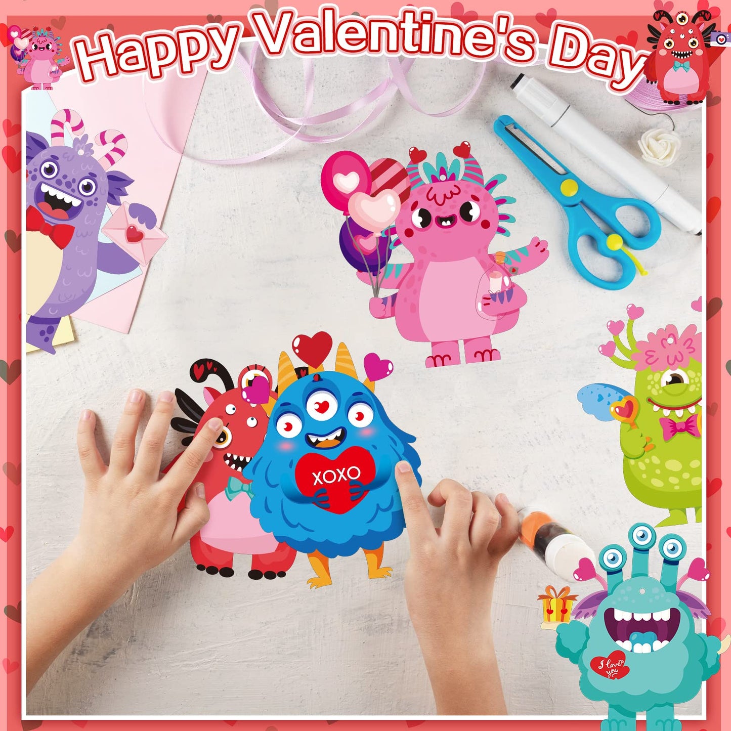 36 Packs Valentine's Day Monster Craft Ornaments Kit for Kids DIY Monster Paper Craft Make Your Own Ornament for Kids Hanging Kids Valentines Day