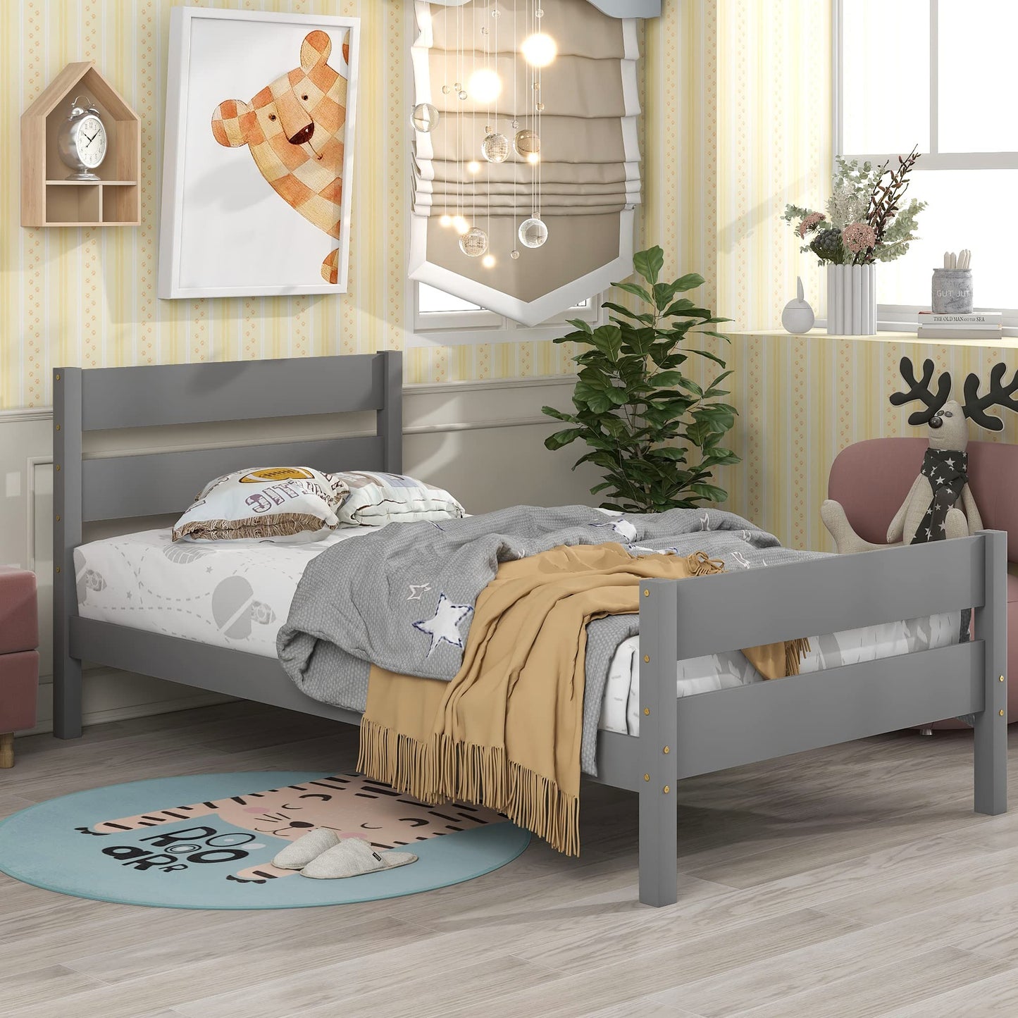 Twin Size Wooden Bed Frame with Headboard & Footboard - Lostcat Grey Platform Bed for Space-Saving Living - WoodArtSupply