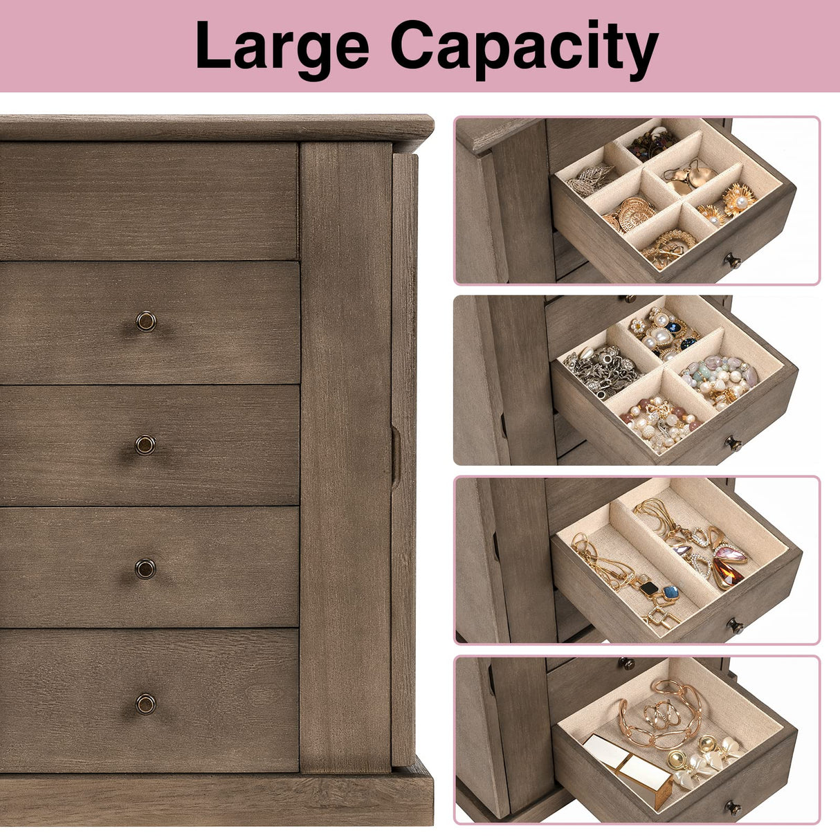 Emfogo Jewelry Box for Women, 5 Layer Large Wood Jewelry Boxes & Organizers for Necklaces Earrings Rings Bracelets, Rustic Jewelry Organizer Box with Emfogo