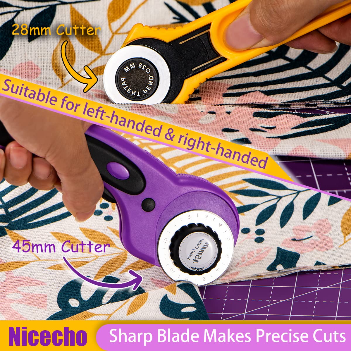 Rotary Cutter Set,Nicecho Sewing Quilting Supplies,45mm & 28 mm Fabric Cutters,8 Rotary Cutter Blades,A3 Cutting Mat for Sewing,6x12 & 2.5x12 In