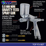 TCP Global Mini Gravity Feed Spray Gun with .8mm, 5mm & 1.0mm Needle & Nozzle Sets & Side Mounted Rotating Cup TCP Global