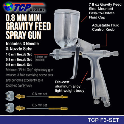 TCP Global Mini Gravity Feed Spray Gun with .8mm, 5mm & 1.0mm Needle & Nozzle Sets & Side Mounted Rotating Cup - WoodArtSupply