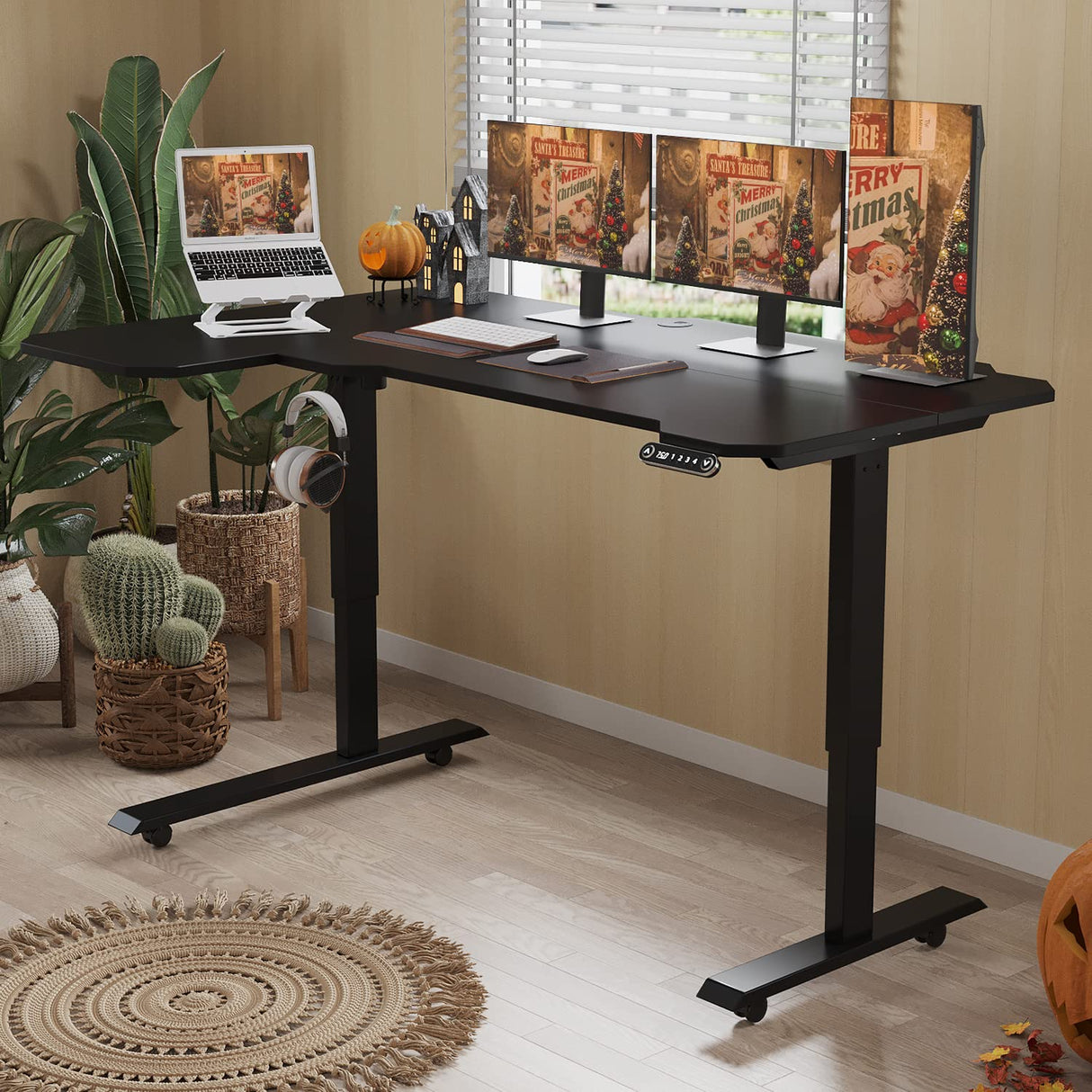 BUNOEM L-Shaped 59" Height Adjustable Electric Standing Desk, Sit and Stand Up Computer Desk For Home Office with Splice Board (Black Top, Black BUNOEM