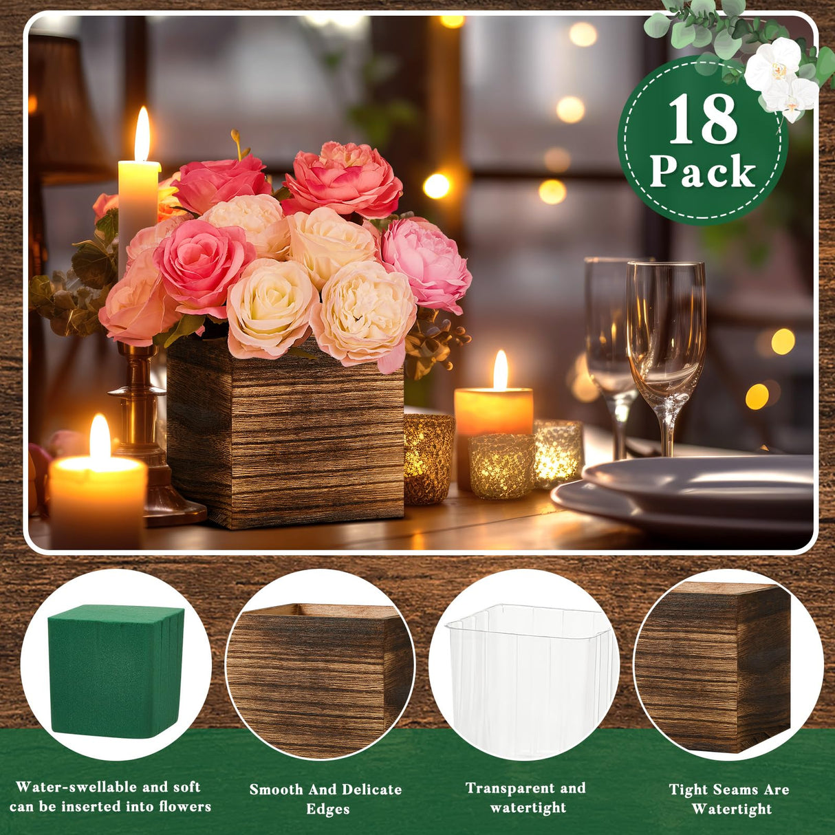 Dandat 18 Set Wood Cube Planter Box Square Wood Vase Rustic Cube Planter Box with Removable Plastic Liner Floral Foam Blocks for Centerpieces Home Dandat