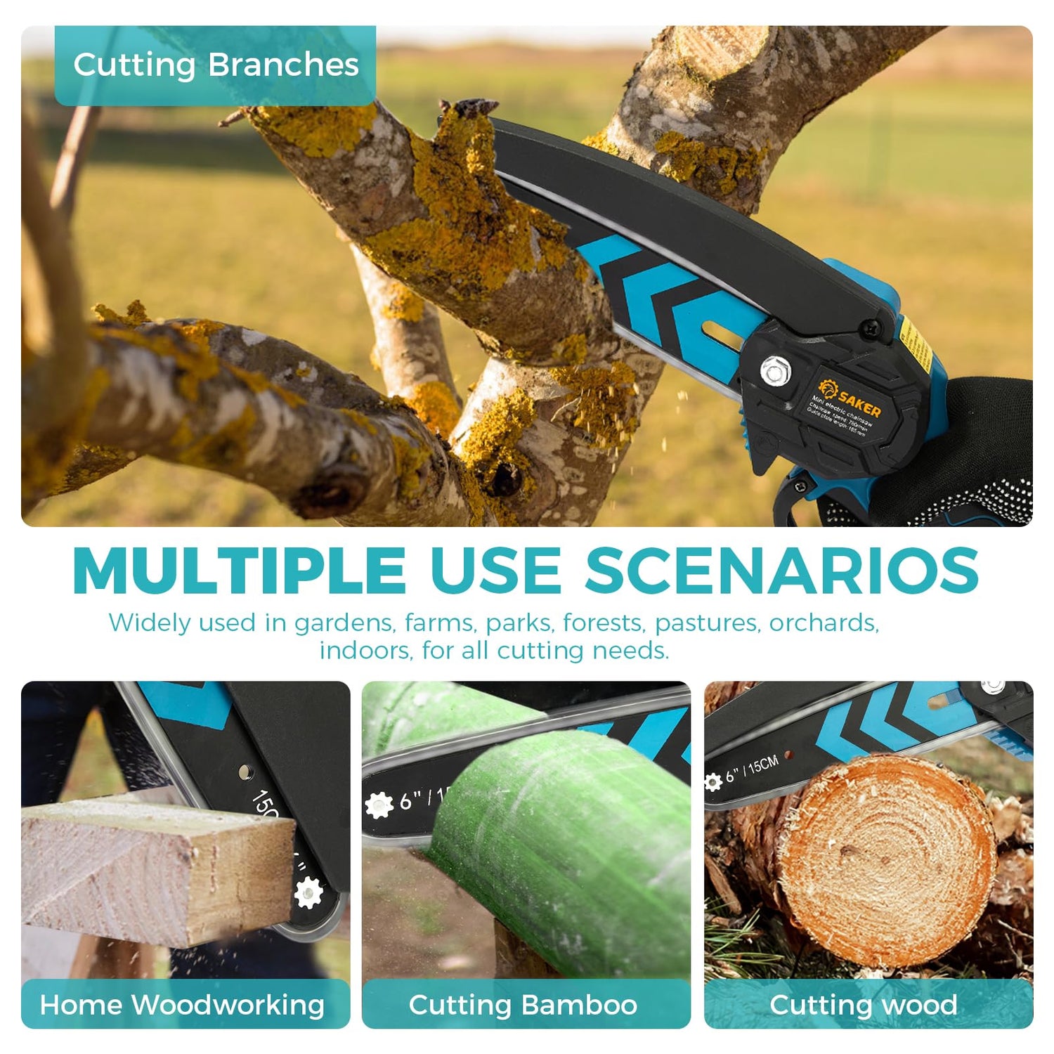 Saker Mini Chainsaw,6 Inch Portable Electric Chainsaw Cordless, Small Handheld Chain saw for Tree Branches,Courtyard, Household and Garden,By 2PCS Saker