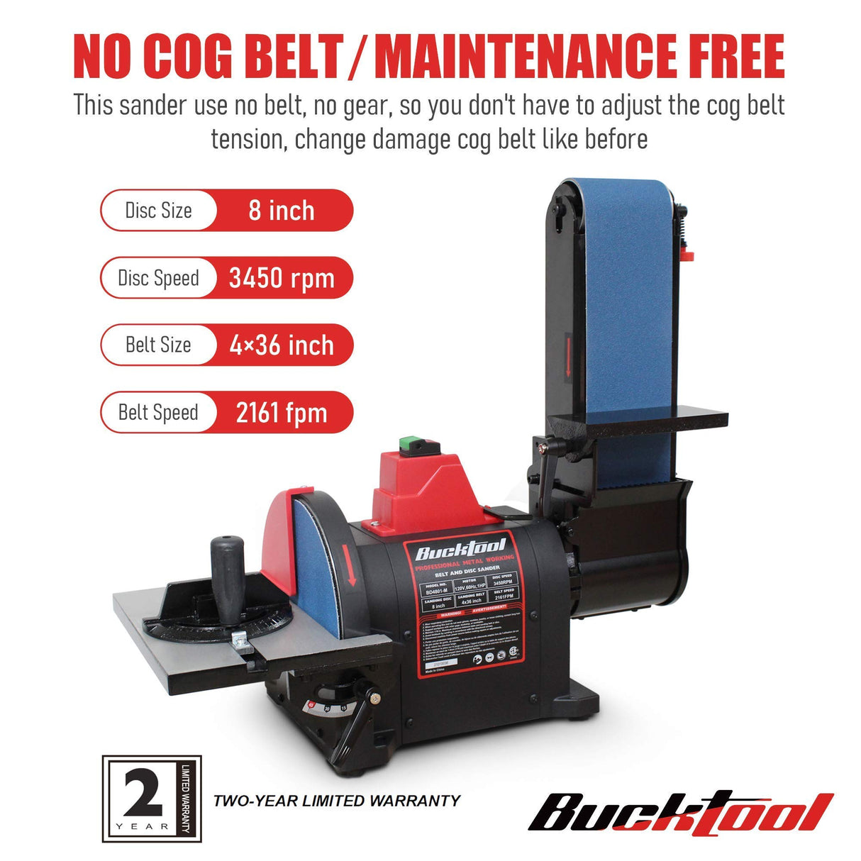 BUCKTOOL Professional Bench Belt Sander for Metal 4 in. x 36 in. Belt and 8 in. Disc Sander with 1HP Direct-drive Motor, BD4802 Bucktool