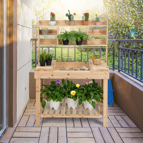 HAPPYGRILL Potting Bench Table, 60.5” Wood Workstation Workbench Table with Flip-Up Tabletop, Shelves & Hanging Hooks, Outdoor Flowerpot Bench, HAPPYGRILL