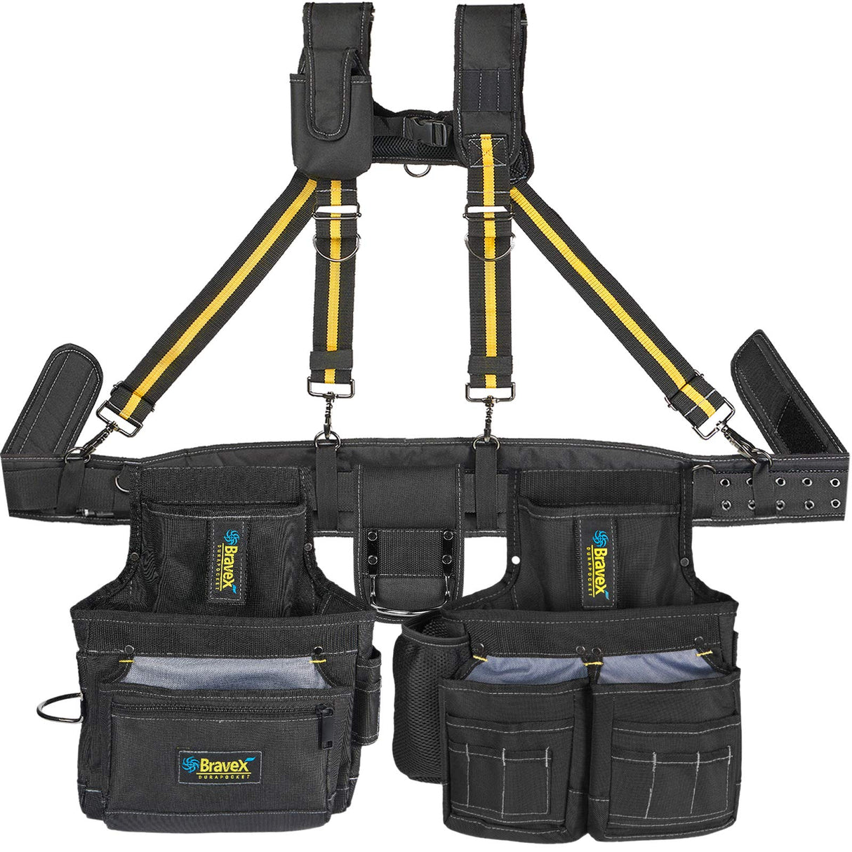 Bravex Tool Belt Suspenders, Tool Vest Pro Ultra 20 Bags Y-Style Toolbelt 5 Combo Apron Tool Pouch For Framers Carpenter Electrician 1200D Ballistic Voltstorm