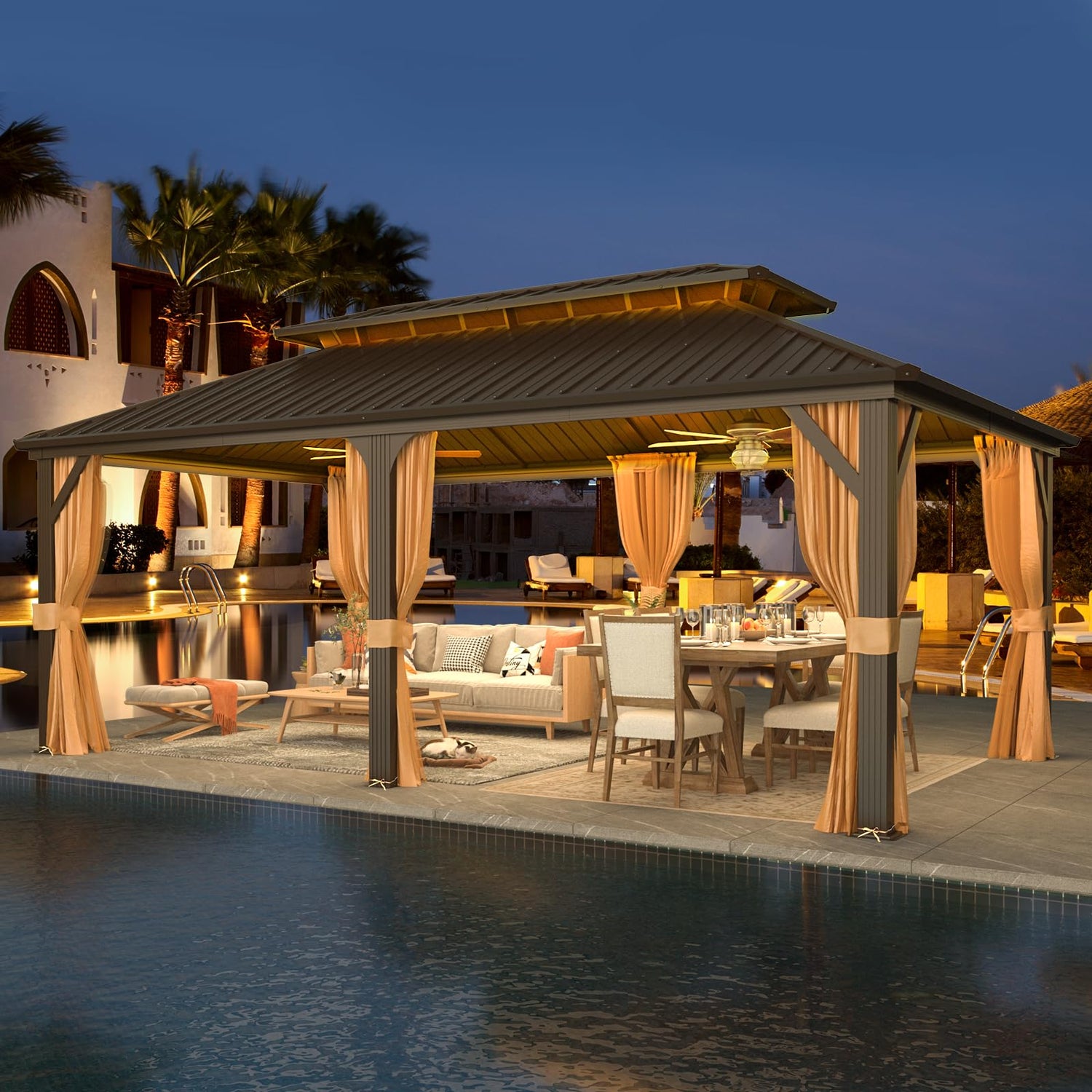 YOLENY 12' x 20' Gazebo, Hardtop Gazebo with Galvanized Steel Roof, Double Roof Gazebo with Aluminum Frame, Outdoor Gazebo with Curtains and YOLENY