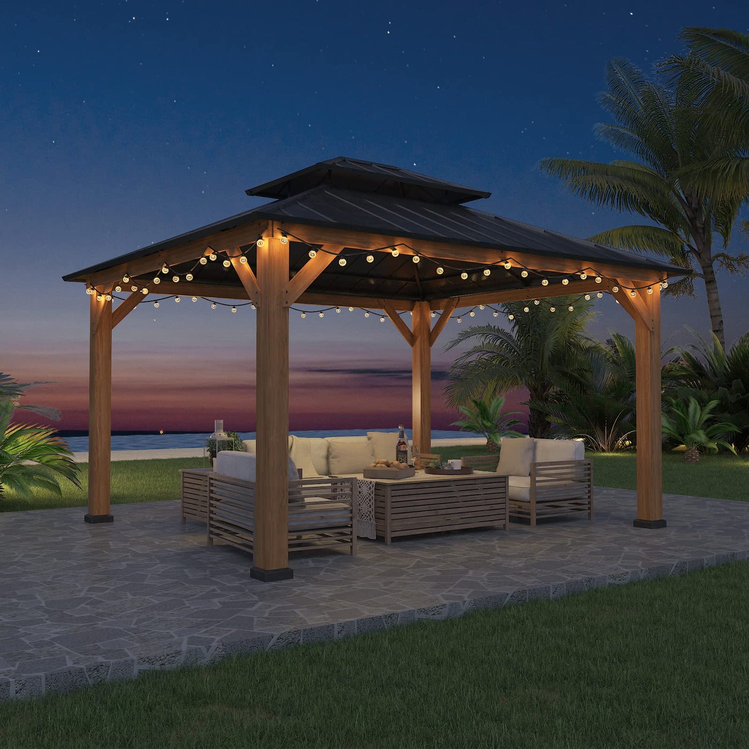 EAGLE PEAK 11x13 Hardtop Wood Gazebo, Outdoor Cedar Wood Frame Pavilion with Galvanized Steel Double Roof, for Garden, Patio, Backyard, Garden, EAGLE PEAK