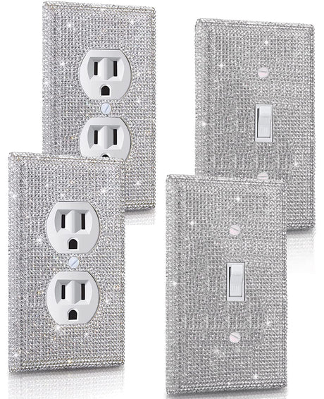4 Pack Silver Shiny Rhinestones Wall Plates Bling Light Switch Cover Plate Crystal Decorative Diamond Outlet Covers Durable Switch Covers Decor for DOPHZEEY