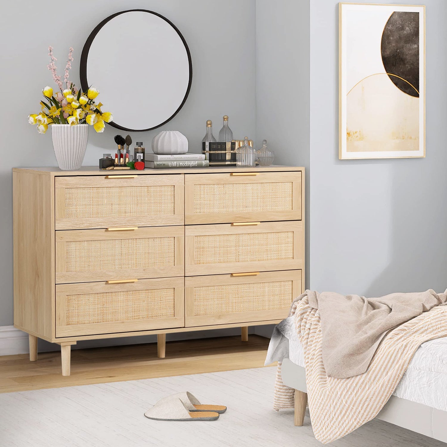 FUQARHY 6 Drawer Dresser Rattan Dresser Modern Chest with Drawers,Wood Storage Closet Dressers Chest of Drawers for Bedroom,Living Room,Hallway FUQARHY