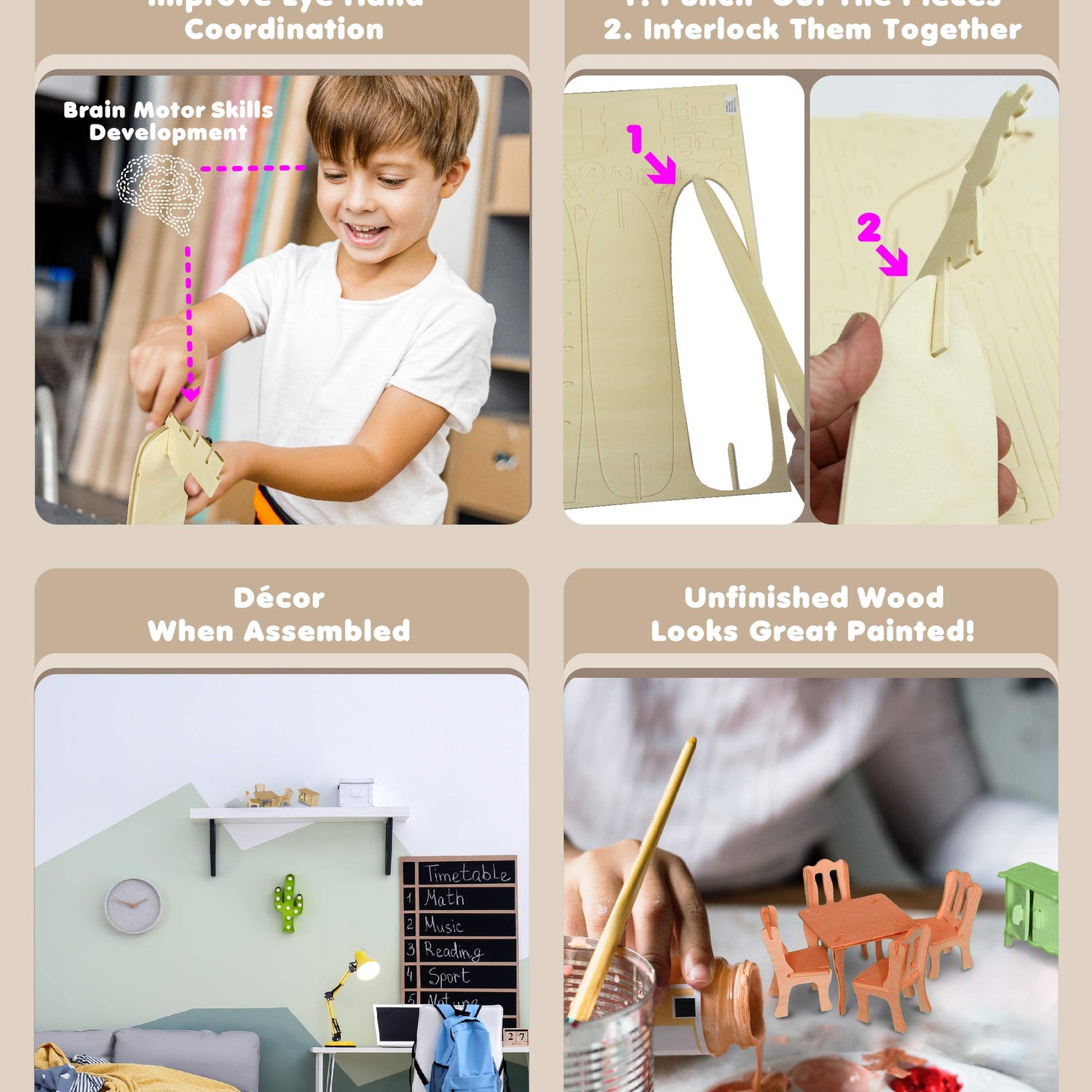 Puzzled 3D Puzzle Dining Room Dollhouse Set Wood Craft Construction Model Kit, Fun & Educational DIY Wooden Toy Assemble Model Unfinished Crafting Puzzled