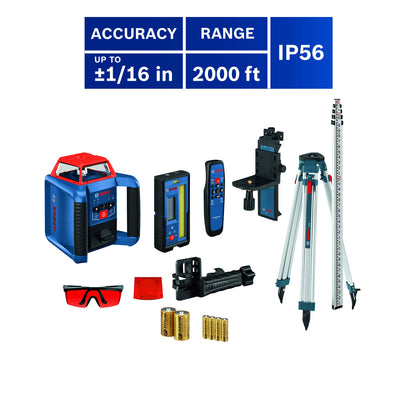 BOSCH REVOLVE2000 GRL2000-40HVK Exterior 2000ft Range Horizontal/Vertical Self-Leveling Cordless Rotary Laser Kit with Tripod, 13ft Grade Rod and