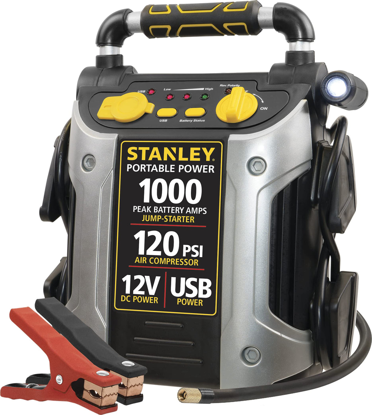 STANLEY J5C09 Portable Power Station Jump Starter 1000 Peak Amp Battery Booster, 120 PSI Air Compressor, USB Port, Battery Clamps STANLEY