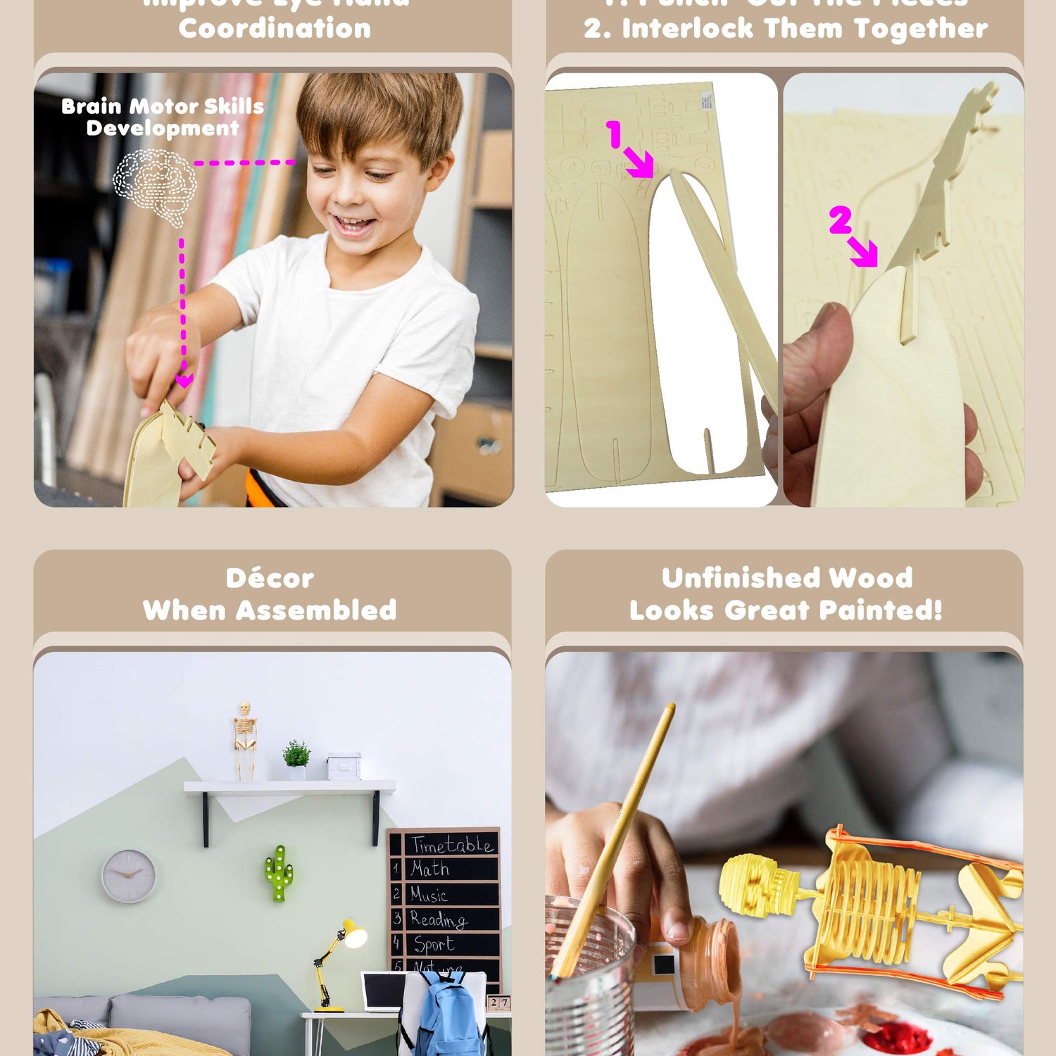 Puzzled 3D Puzzle Human Skeleton Wood Craft Construction Model Kit, Fun & Educational DIY Wooden Toy Assemble Model Unfinished Crafting Hobby Puzzle Puzzled