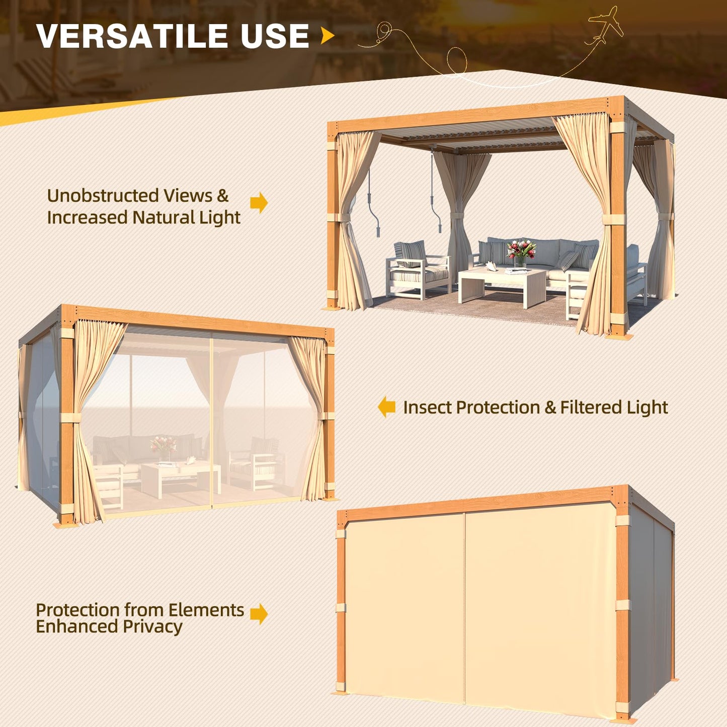 MELLCOM Louvered Pergola 10x12, Aluminum Pergola with Adjustable Louvered Roof, Wood Grain Outdoor Small Pergola with Waterproof Curtains and Nets