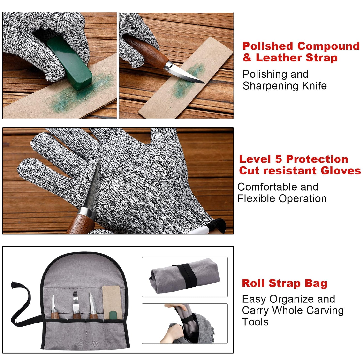 Gisafai 15 Pcs Spoon Carving Kit Wood Whittling Kit Includes 3 Wood Carving Knife 8 Wooden Spoon Blank and Gloves, Unfinished Wood Carving Spoon Kit Gisafai
